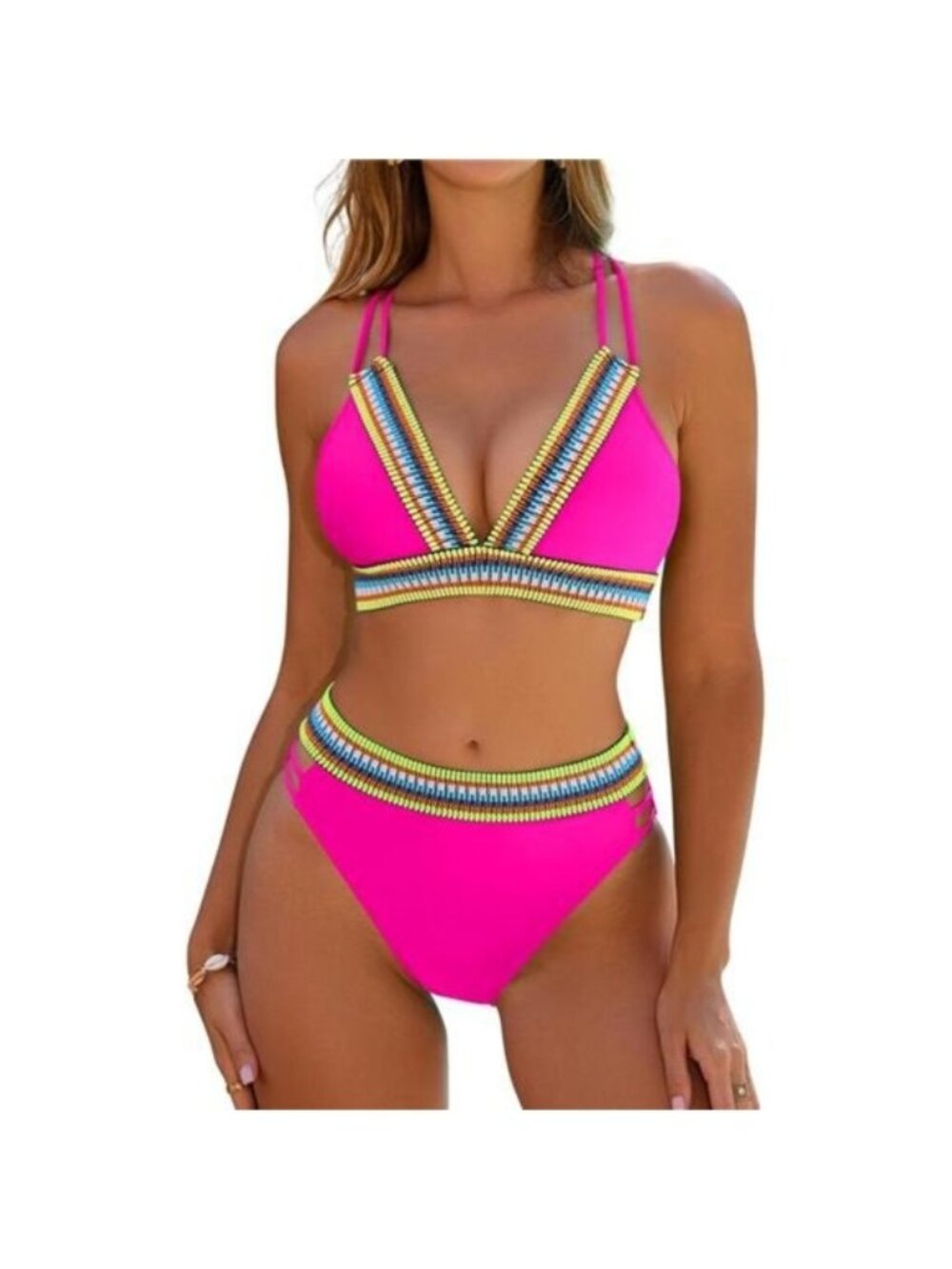 Women's High Waisted Bikini Set Crisscross Back Bathing Suit, Pink